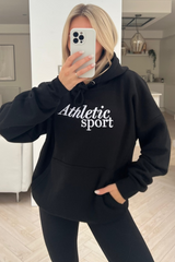 Athletics sport black embroidered drawstring hoodie