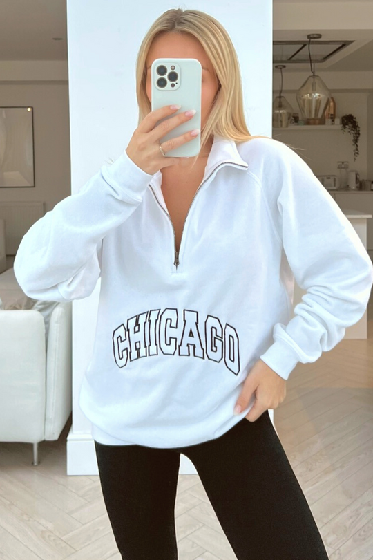 chicago white embroidered 1/4 zip sweater
