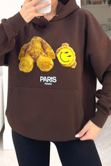 heads off smiley teddy chocolate printed drawstring hoodie