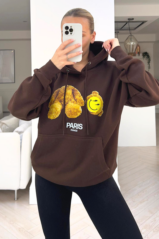 heads off smiley teddy chocolate printed drawstring hoodie