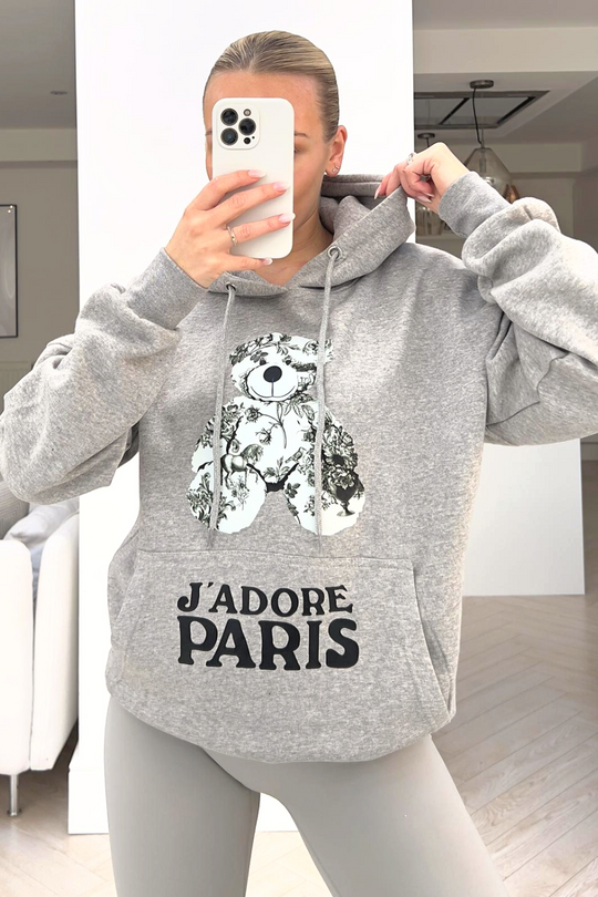 Jadore Paris grey teddy printed grey hoodie