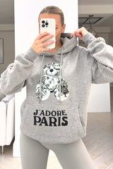 Jadore Paris grey teddy printed grey hoodie