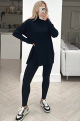 Melanie black ribbed roll neck sweater loungewear set