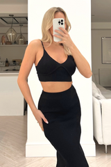 khloe black 3 piece ribbed skirt coord