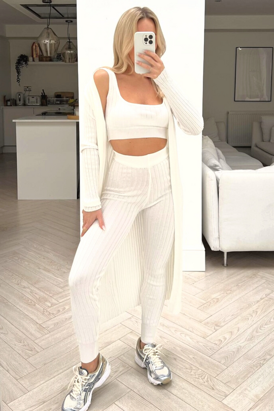 KENDALL CREAM 3 PIECE RIBBED LEGGING CO ORD TWO PIECE SET