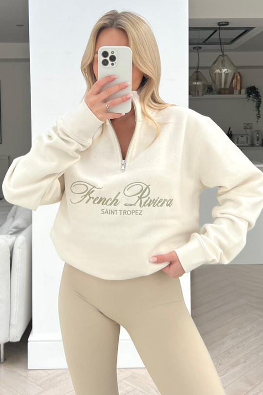 french riviera ecru embroidered 1/4 zip sweater
