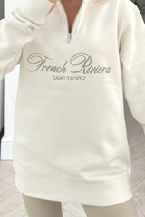 french riviera ecru embroidered 1/4 zip sweater