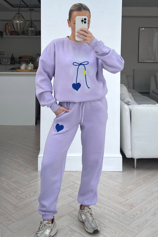 Love heart teddy lilac sweater loungewear set