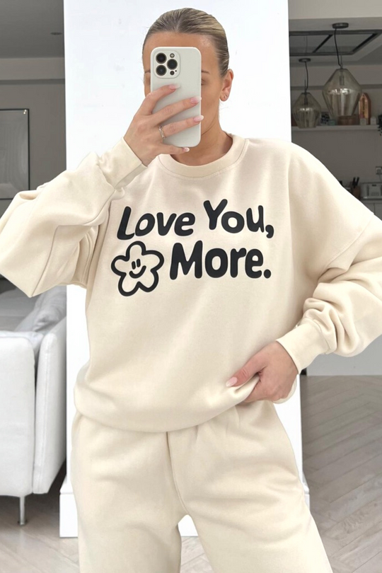 Love you more ecru printed sweater loungewear set