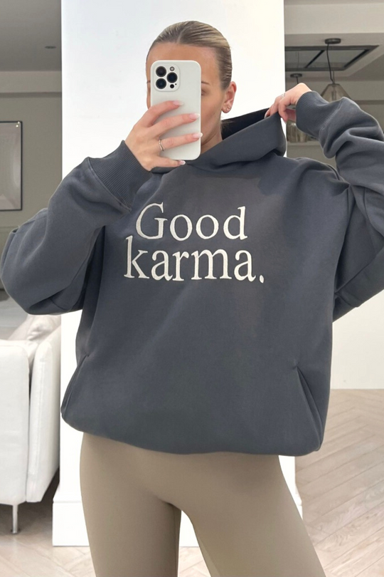 Good Karma steel Grey premium ecru embroidered hoodie