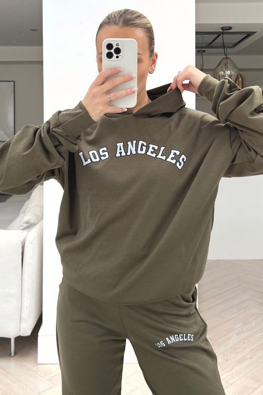 Los angeles khaki ruched sleeve hooded loungewear set