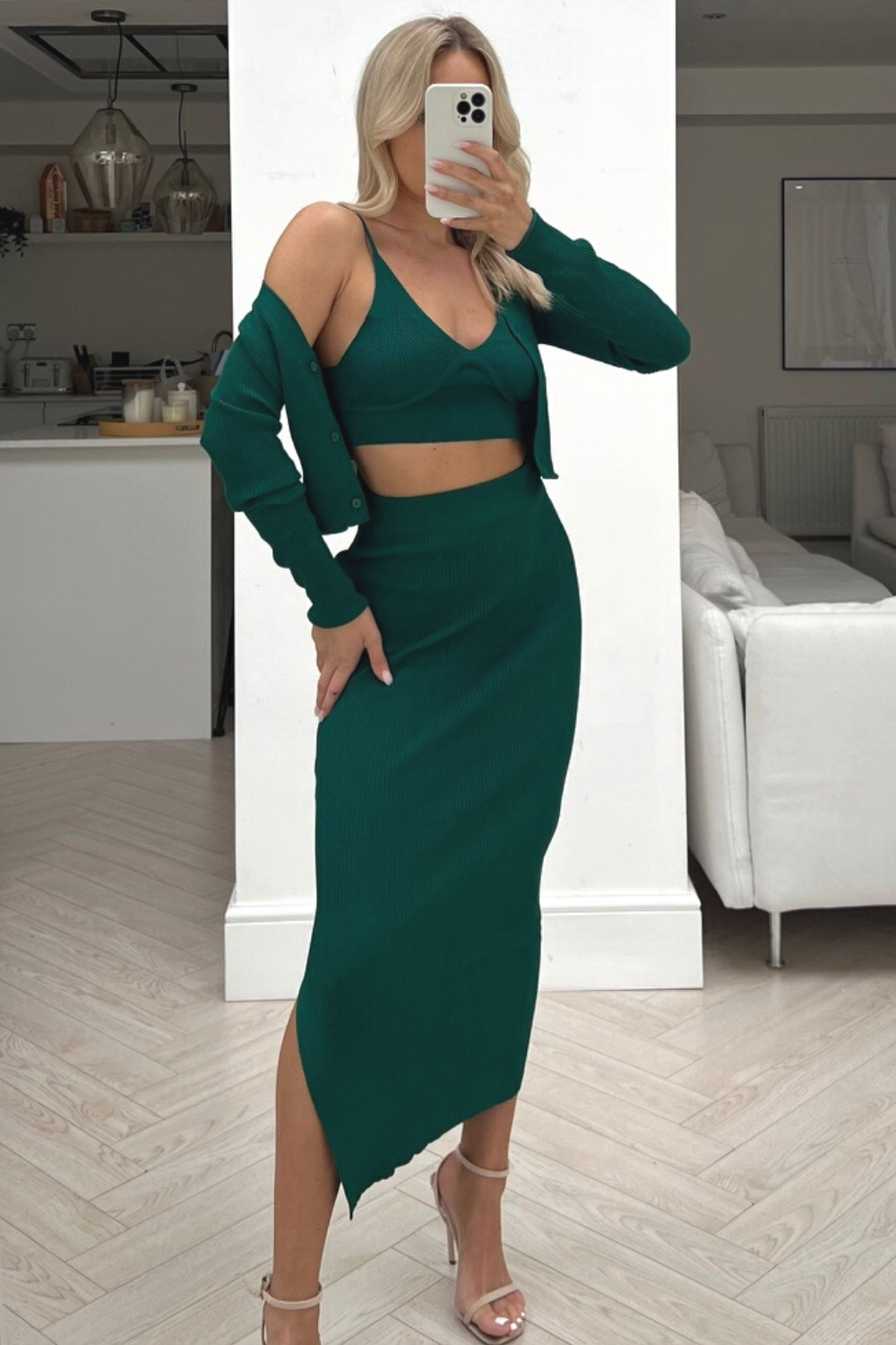 khloe forest green 3 piece ribbed skirt coord Glamify Famous For