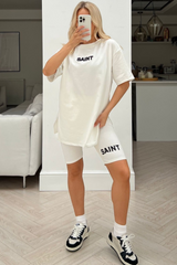 Saint cream embroidered cycling short co-ord