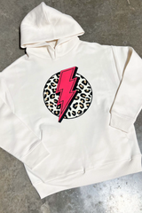 Lightening leopard premium ecru & pink printed hoodie