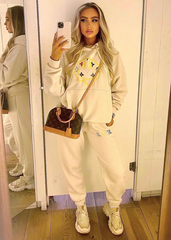 Smiley pattern ecru embroidered  hooded loungewear set