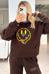 Smiley pattern chocolate embroidered hooded loungewear set