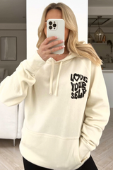 love your self ecru & black printed draw string hoodie