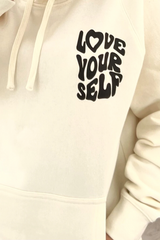 love your self ecru & black printed draw string hoodie
