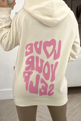 love your self ecru & pink printed draw string hoodie