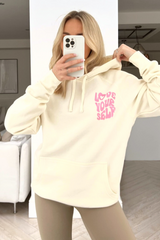love your self ecru & pink printed draw string hoodie