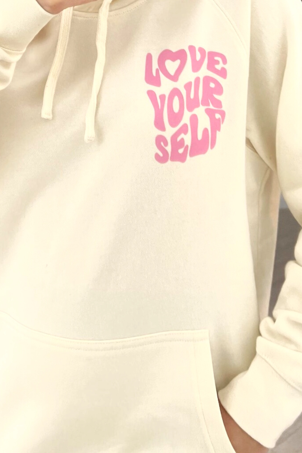 love your self ecru pink printed draw string hoodie