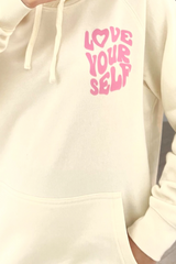 love your self ecru & pink printed draw string hoodie