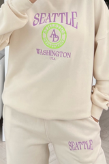 Seattle Washington ecru & lilac embroidered sweater loungewear set