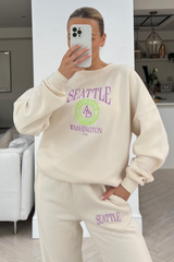 Seattle Washington ecru & lilac embroidered sweater loungewear set