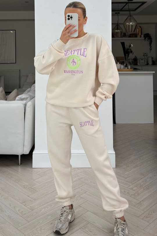 Seattle Washington ecru & lilac embroidered sweater loungewear set