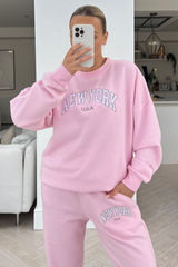 new york pink & white embroidered sweater loungewear set