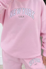 new york pink & white embroidered sweater loungewear set