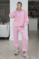 new york pink & white embroidered sweater loungewear set