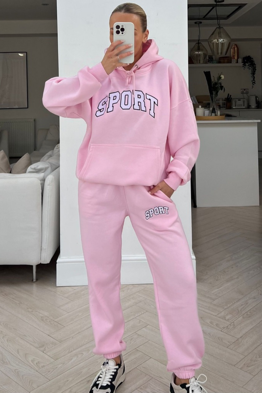 sport pink & white embroidered hoodie loungewear set