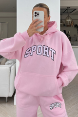 sport pink & white embroidered hoodie loungewear set