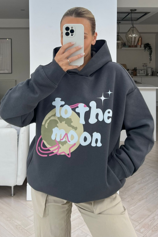 To the moon premium steel grey printed hoodie