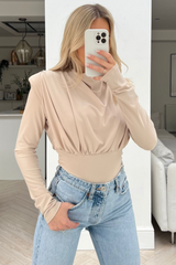 Louisa beige long sleeve drape front top