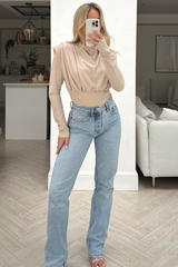 Louisa beige long sleeve drape front top