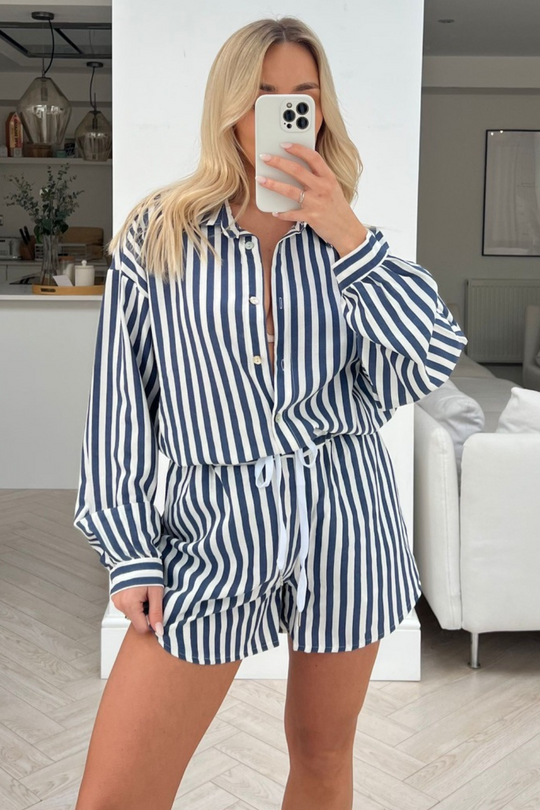 Rome Navy & white Striped shirt short Co-ord