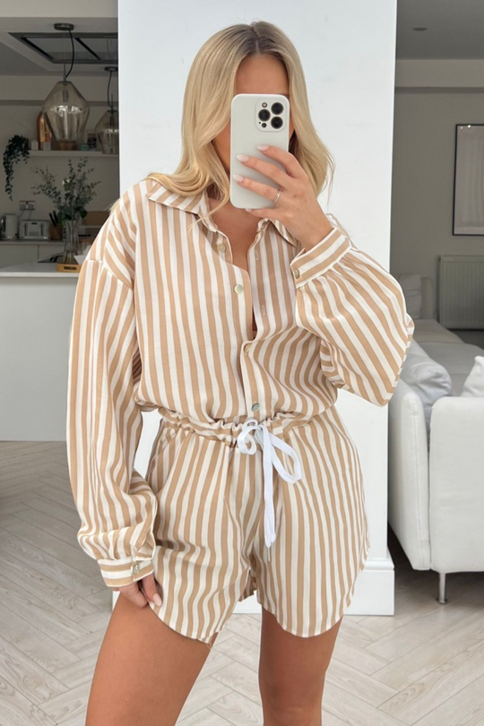 Rome beige & white Striped shirt short Co-ord