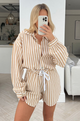 Rome beige & white Striped shirt short Co-ord