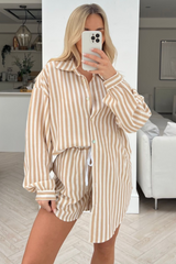Rome beige & white Striped shirt short Co-ord