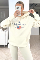 manhattan ecru printed draw string hoodie