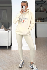 manhattan ecru printed draw string hoodie