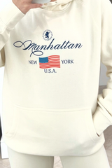 manhattan ecru printed draw string hoodie