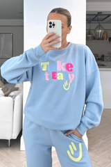 Take it easy baby blue embroidered sweater loungewear set