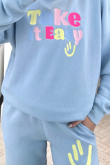 Take it easy baby blue embroidered sweater loungewear set