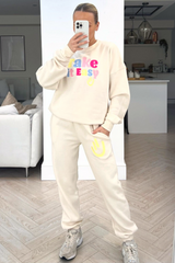 Take it easy ecru embroidered sweater loungewear set