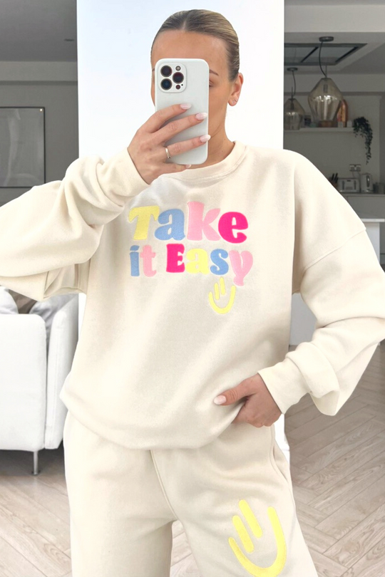 Take it easy ecru embroidered sweater loungewear set