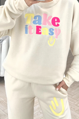 Take it easy ecru embroidered sweater loungewear set