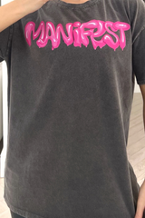 manifest grey & pink acid wash printed tee